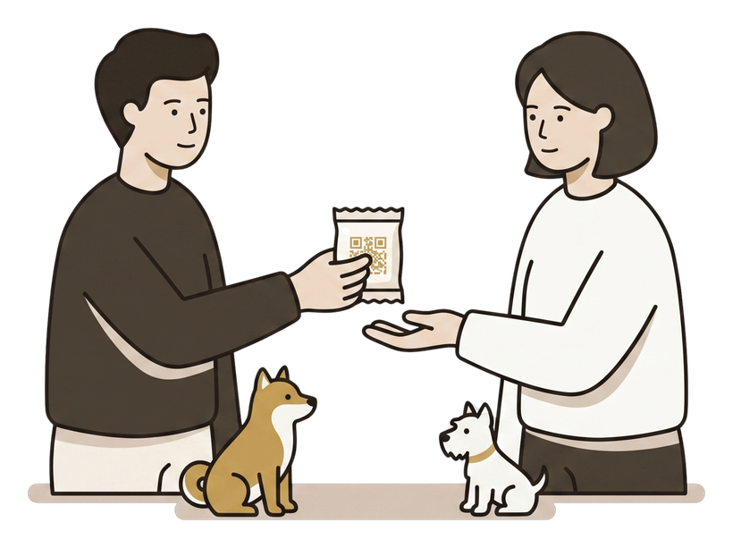 ひとりの飼い主からもうひとりの飼い主へ、個包装がひとつ手渡される図